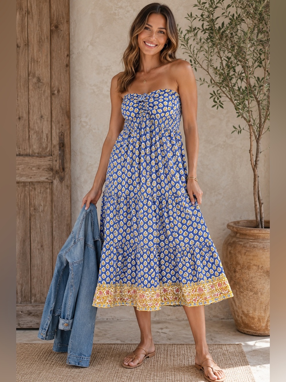 J. Crew Cotton Block print Strapless Dress